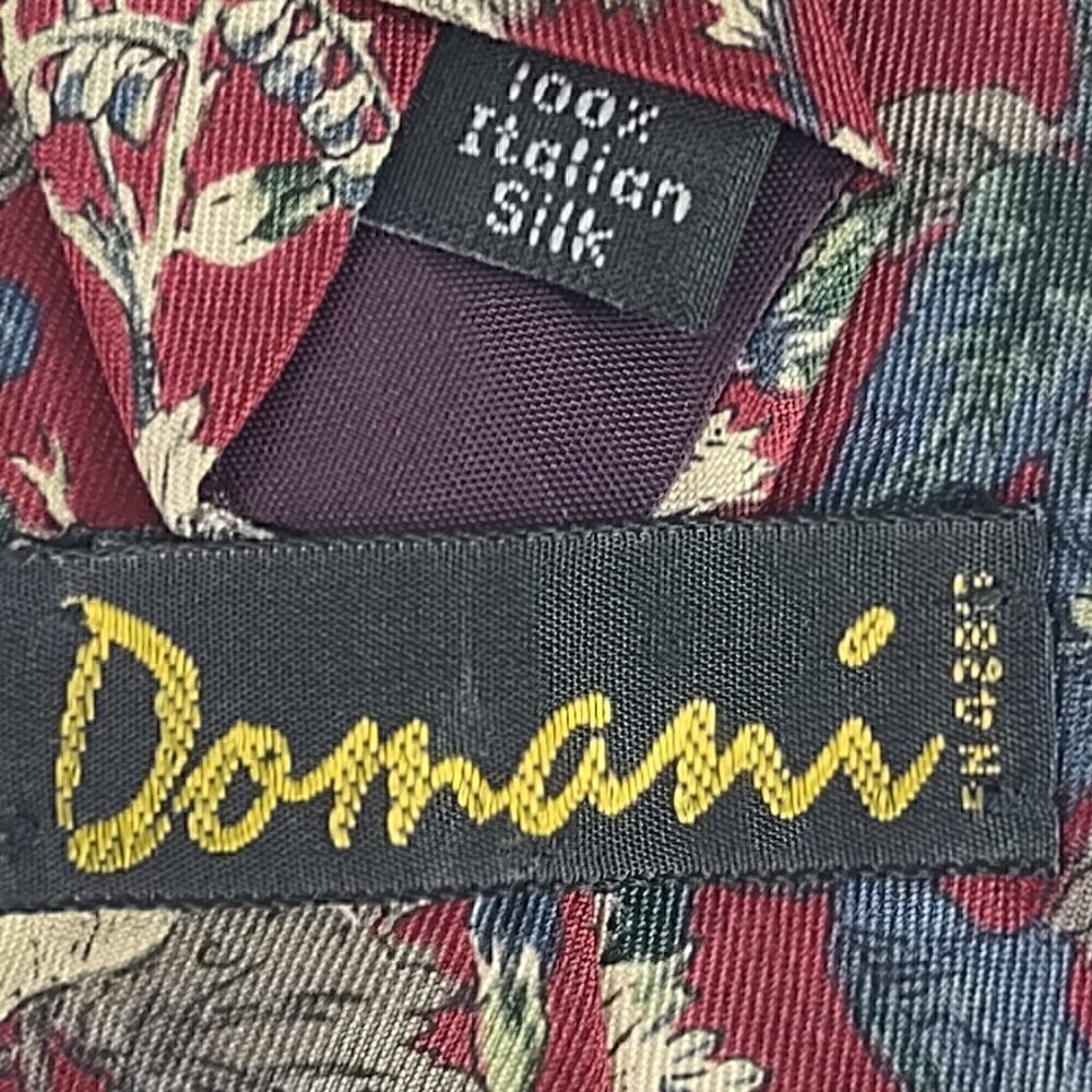 Domani Mens Burgundy, Blue, Gray Green, Flower Pattern 100% Italian Silk Necktie - Picture 8 of 9
